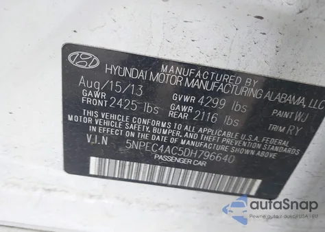 2013 Hyundai Sonata Se z USA, uszkodzony, nr VIN 5NPEC4AC5DH796640